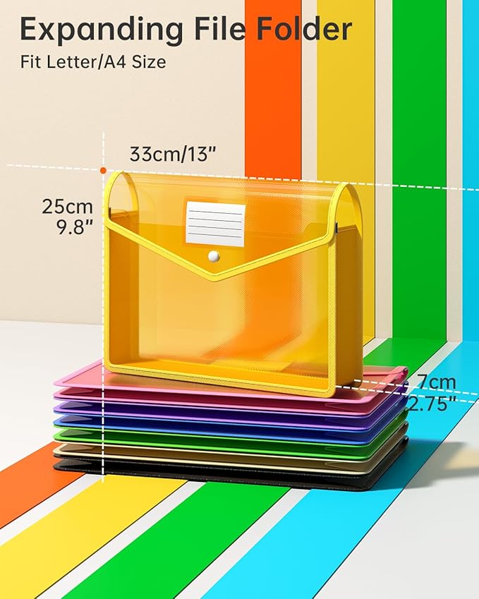 Plastic Expanding File Folder, Transparent envelopes with Snap Closure,No Dividers,Large Capacity,Assorted Colors,Bills&Taxes,Letter/A4 Size for School/Office/Home-7 Pack