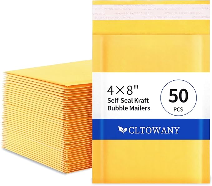 Kraft Bubble Mailers 4×8' Inch 50 Pack Yellow shipping envelopes Self-Seal Padded Mailing Envelopes for Jewelry Makeup Supplies and Small Business Packaging