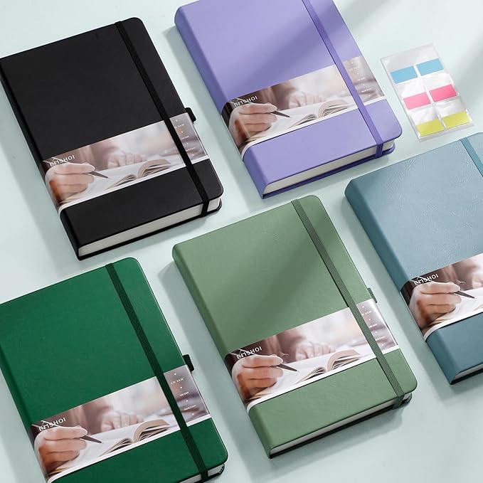 EMSHOI A5 College Ruled Notebook Journal- 400 Pages (200 sheets), 7mm Spacing & Vegan Leather Cover for Work, School, Bible Study, Bullet Journaling- with Sticky Notes, Pocket & Pen Holder- Dark Green