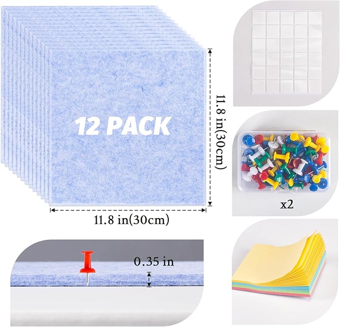 Large Cork Board Alternative, 12 Pack Felt Board with Safe Removable Adhesive Tabs Felt Wall Tiles, Large Cork Boards for Walls, Cork Board for Home Office, Pin Boards for Walls, Light Blue