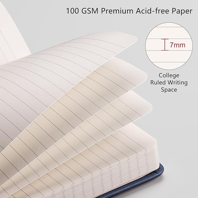 RETTACY Lined Journal Notebook, 2-Pack, 192 Numbered Pages per Pack, A5 Medium Size (5.7'' x 8.3''), for Men & Women, Writing, Work, Leather Hardcover, 100 GSM Thick Paper (Black & Navy Blue)