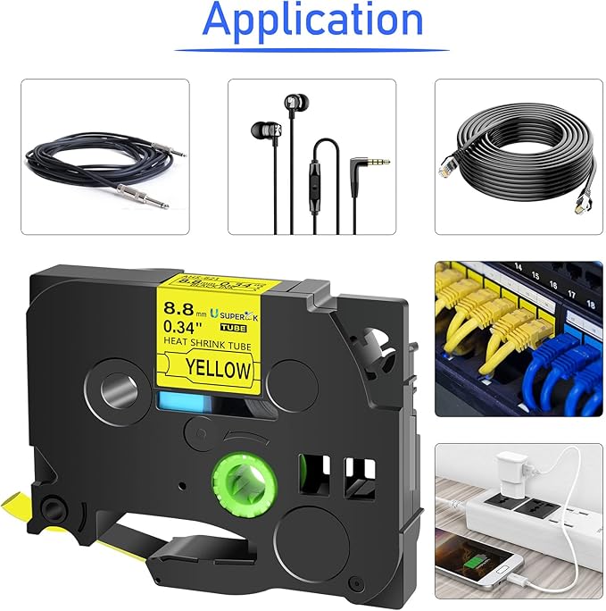 10PK Compatible for Ptouch HSe-621 HSe621 HS-621 HS621 Black on Yellow 8.8mm 0.34'' Heat Shrink Tubing for Wire Cable for PT300 PT-300B PT310 PT310B PT320 Label Maker Tape