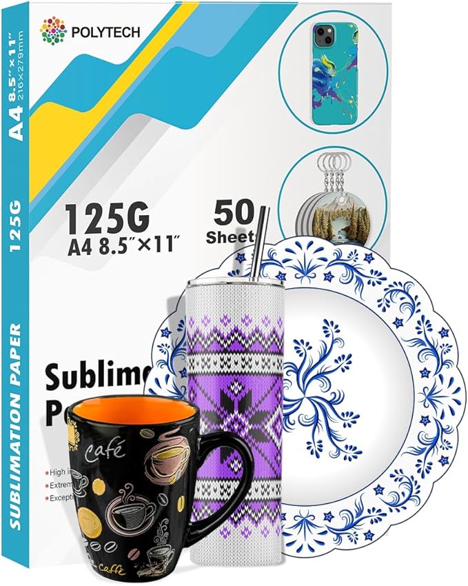 Polytech Sublimation Paper, 8.5x11, 50 Sheets, Heat Transfer Paper for All Sublimiation Blanks, For All Sublimation Printer and Ink, For Tumblers, Magnet Blanks, Ceramic Ornaments, Light T-Shirt,125G