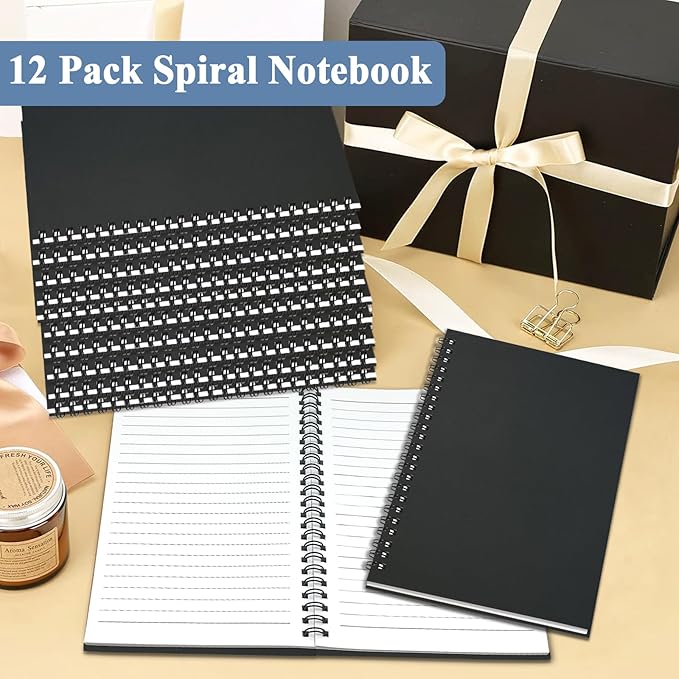 12Pack Small Spiral Notebook A5, 8.25x5.5” 120 Lined Pages Black Wide Ruled Spiral Journal Bulk Blank Kraft Cover Spiral Bound Notebook & Writing Pads for Home Office Meeting Work Note Taking