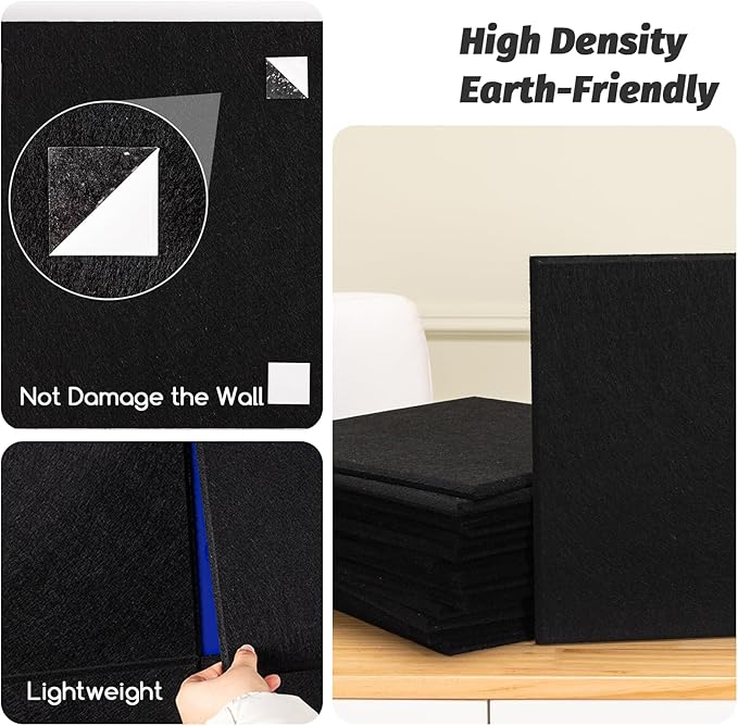 Large Cork Board Alternative, 12 Pack Felt Board with Safe Removable Adhesive Tabs Felt Wall Tiles, Large Cork Boards for Walls, Cork Board for Home Office, Pin Boards for Walls, Black