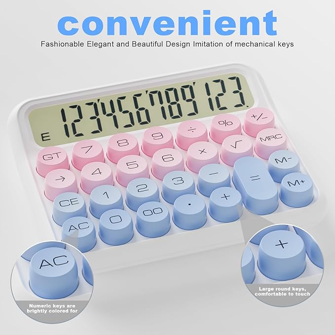 Mechanical Calculator 12 Digit Extra Large 5-Inch LCD Display, DECKLIT Battery Desk Calculator, Big Buttons Easy to Press Office Calculators Desktop, 15°Tilt Screen for Kids Calculator(Blue&Pink)