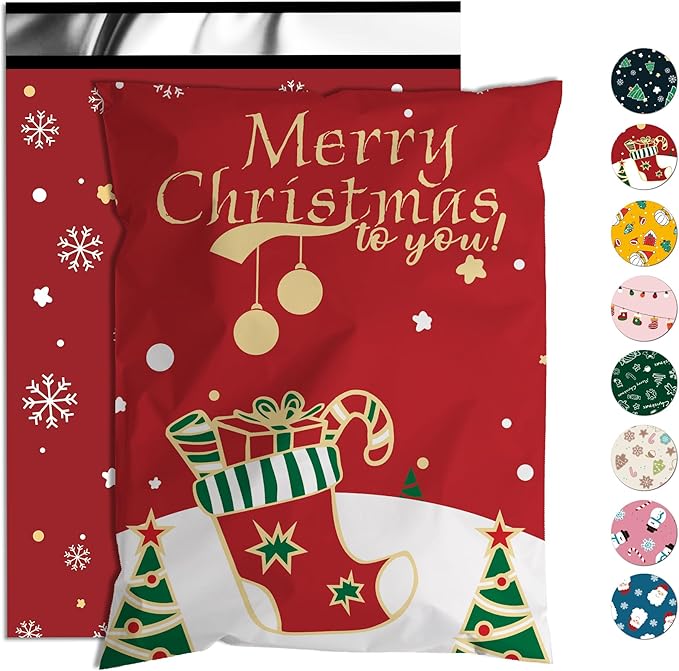 Christmas Poly Mailer 10x13 Inch 25 Pcs, Waterproof Shipping Bags for Clothing, Tear-Resistant Mailier, Strong Mailing With Self-Seal - Red Merry Christmas