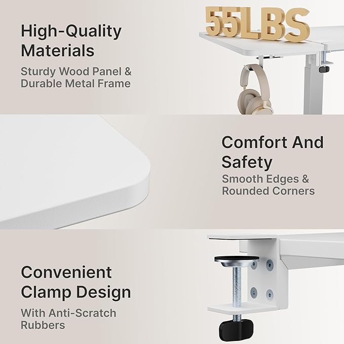 Desk Extender Tray, 24" x 12" Clamp On Shelf, Desk Extension with Laptop Holder, Table Arm Rest, Clamp On Keyboard Tray for Office and Home, Workstation Organizer, Medium, White