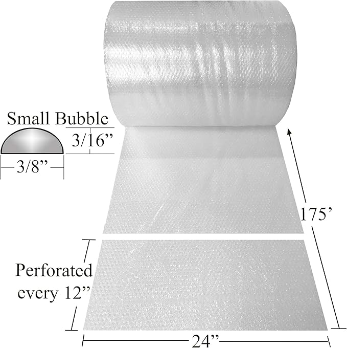 Uboxes Bubble Roll 24 Wide x 175 ft Small Bubbles 3/16 Perforated Every 12, Clear, BUBBSMA24175