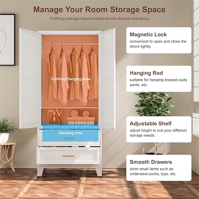 Farmhouse Wardrobe Cabinet with 2 Drawers,Metal Wardrobe Closet with Hanging Rod,Metal Armoire with Adjustable Shelves for Bedroom,Living Room, Cloak Room,Office (White)