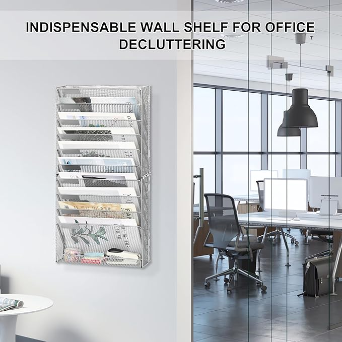 EasyPAG 11 Tier Wall File Holder with Flat Tray, Silver | Easy Assemble Mesh Desk File Organizer | 10-Folder Paper Storage | Replaceable Classify Labels | Space Saving Mail Organizer for Office Home