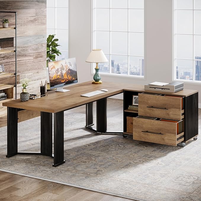 Tribesigns 70.86" Executive Desk with Mobile File Cabinet, Large L Shaped Computer Office Desk with 2 Drawers and Storage Shelves, Business Furniture Desk Workstation for Home Office (Light Brown)