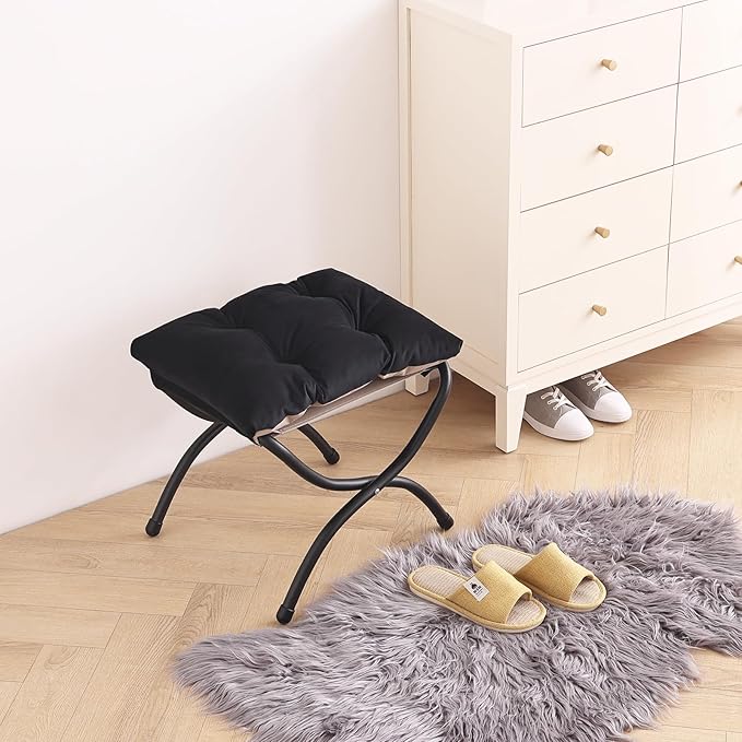 LITA Folding Upholstered Footrest Stool, Modern Small Portable Accent Ottoman with Detachable Thick Cotton Cushion Padded Sofa Stool with Metal Frame for Lazy Chair, Living Room & Bedroom, Black