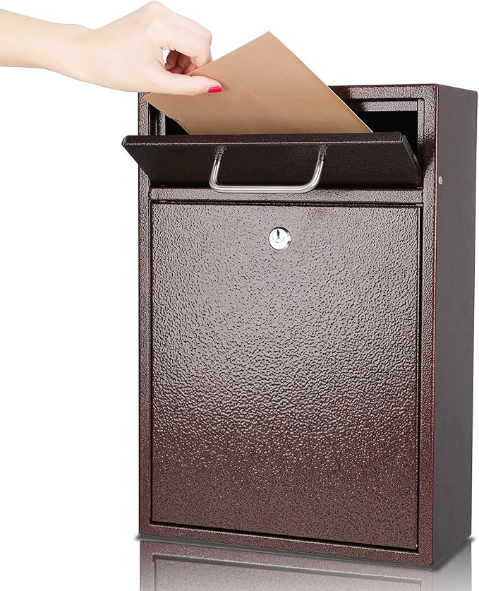 KYODOLED Steel Key Lock Mail Boxes Outdoor,Locking Wall Mount Mailbox,Security Key Drop Box,Collection Boxes,16.2Hx 11.22Lx 4.72W Inches,Bronze X Large
