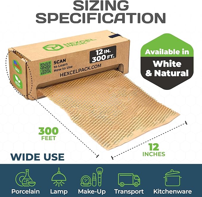 HexcelWrap Mini - Honeycomb Packing Paper, Eco-Friendly, Sustainable Paper Bubble Wrap for Shipping & Moving, Cushioned Packing Material in Easy Self-Dispenser Box - Natural, 12" x 300'