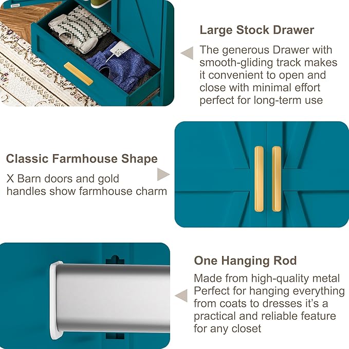 Metal Wardrobe Cabinet with Hanging Rod, 71" Armoire Wardrobe Closet with 2 Drawers,Farmhouse Metal Clothing Storage Cabinets with Door and Adjustable Shelves for Bedroom,Laundry Room(Blue)