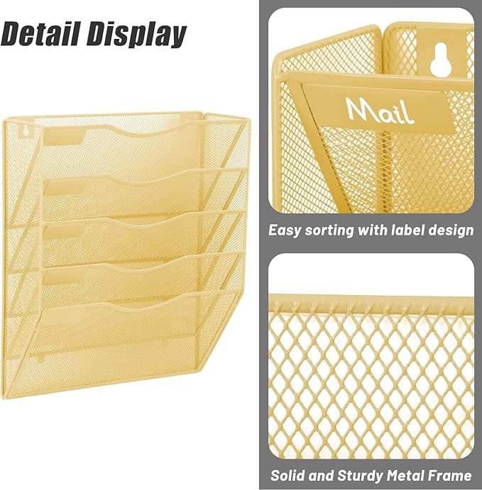 EASEPRES 5 Pocket Mesh Hanging Wall File Organizer, Wall Mounted Mail Paper Document Folder Holder, Clipboard Storage Organization Magazine Rack with Nametag Label for Office Home School, Gold