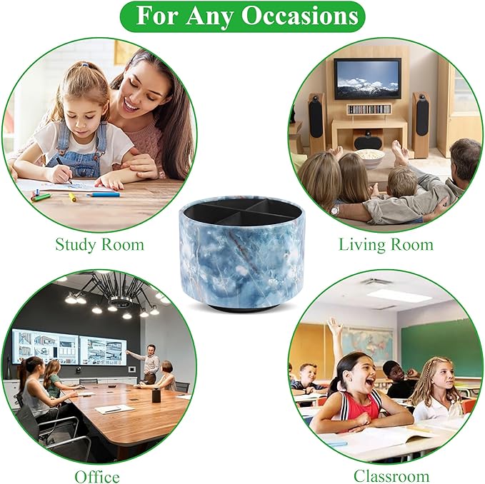 Round Leather Art Supply Organizer,Remote Control Holder,360-degree Rotating Pen Organizer with 4 Compartments(1-Marble Jade)