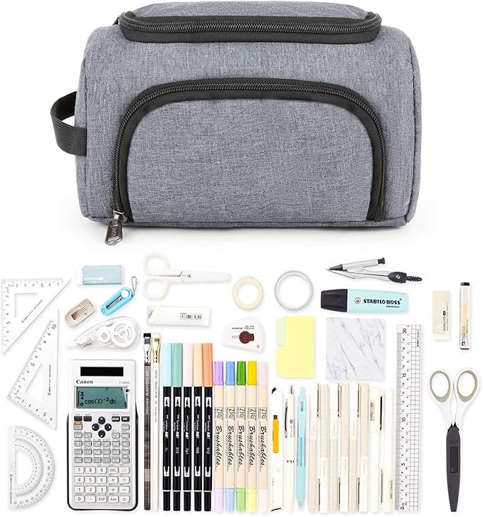 XQXA Large Capacity Pencil Case Organizer, Multifunctional Extra Big Pencil Pouch with Compartmens, Travel Simple Stationery Pen Bag, Fabric Pencil Bag for Men Women Girl Boy (Grey)