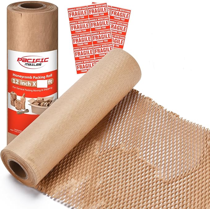 Honeycomb Packing Paper Pacific Mailer 12" x 65' Moving Paper Bubble Cushioning Wrap with 20 Fragile Sticker Labels