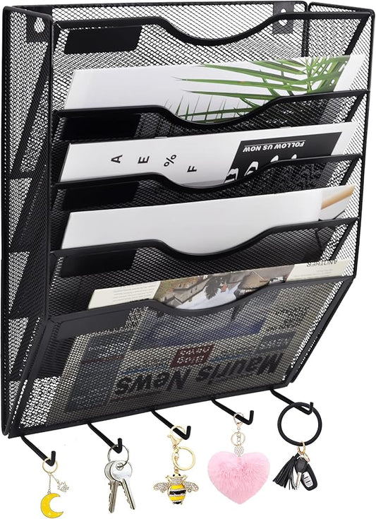 EASEPRES 5 Pocket Mesh Hanging File Organizer with Key Holder Hooks & Nametag Label, Wall Mounted Mail Paper Document Folder Storage Organization Magazine Rack for Office Cubicle, 5 Tier Black