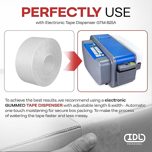 IDL Packaging 2.83" x 450 feet Reinforced Water-Activated Kraft Gummed Tape 30lb Thickness - Secure Paper Packing Tape for Secure Carton Sealing - Heavy-Duty for All Conditions, White