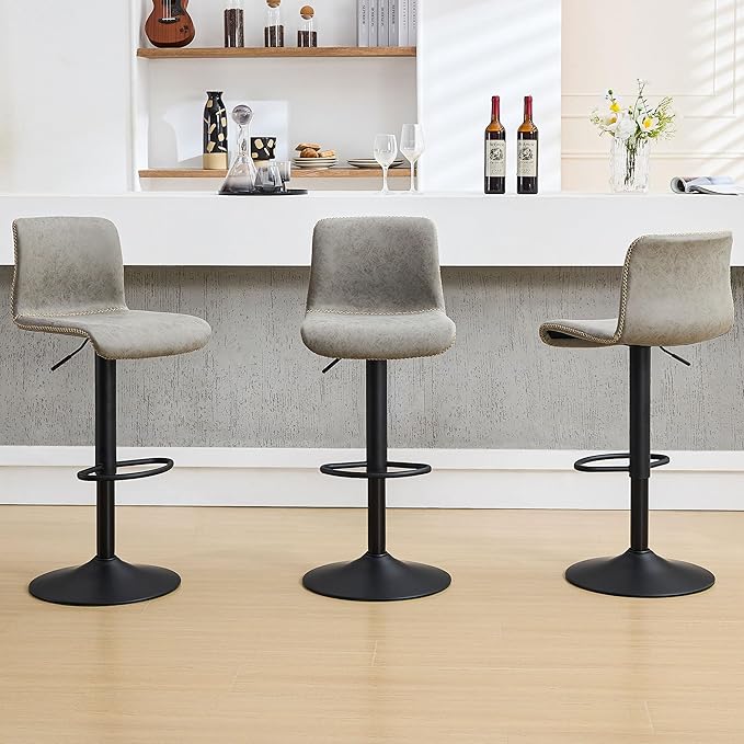 HeuGah Bar Stools Set of 3, Swivel Counter Height Barstools with Back, Adjustable Height 24" to 32", Gray Faux Leather Bar Chairs for Kitchen Island (Gray, Set of 3 (24'' to 32''))