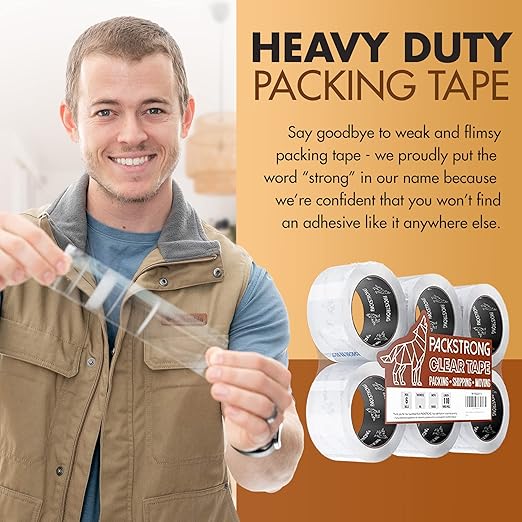 Packstrong Industrial Grade Clear Packing Tape 6 Rolls - 110 Yards per Roll - 3" Wide x 2.0 mil Thick, Acrylic Adhesive Heavy Duty Tape for Box Office Moving Packaging Shipping