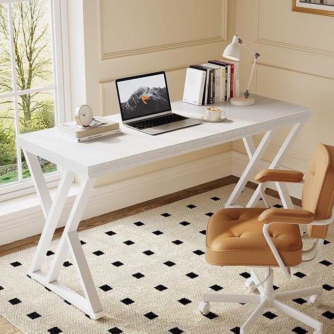 LITTLE TREE 55 Inch Large Simple Industrial Computer Desk Study Writing Table Home Office Workstation,White