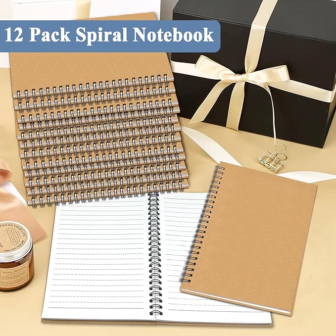 12Pack Small Spiral Notebook A5, 8.25x5.5” 120 Lined Pages Brown Wide Ruled Spiral Journal Bulk Blank Kraft Cover Spiral Bound Notebook & Writing Pads for Home Office Meeting Work Note Taking