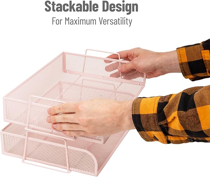 Mind Reader Stackable Paper Tray, Desktop Organizer, File Storage, Office, Metal Mesh, 13.25" L x 9.75" W x 6.25" H, 2 Pcs., Pink