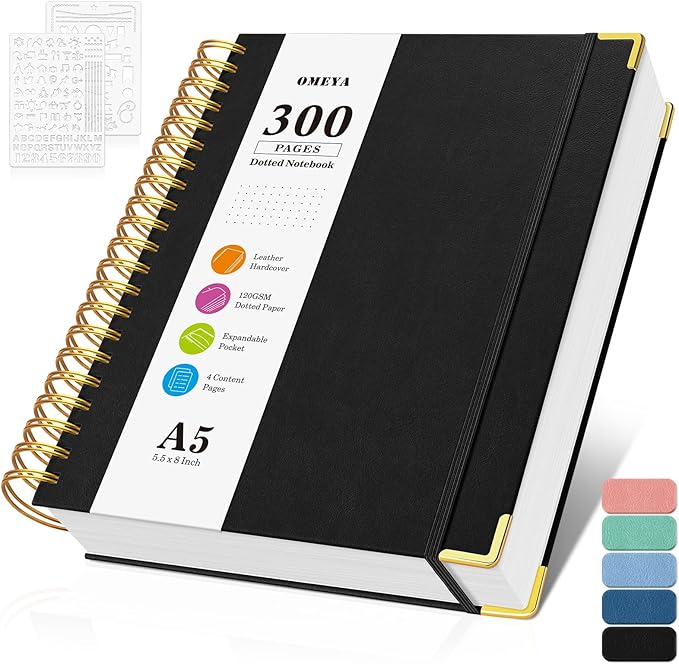 Bullet Dotted Journal Spiral Notebook, 300 Pages Leather Notebooks with Contens, 120 GSM Thick No Bleed Through Paper Journals, A5 Dot Grid Notebook for Women Men School Work Writing, 5.5" x 8", Black