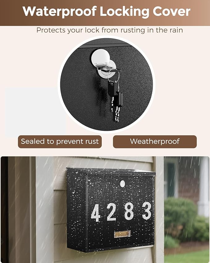 LAND·VOI Locking Wall-Mount Mailbox for Outside, with 4 Keys, Galvanized Steel Rustproof Metal Postbox, 4" Dx13.8 Wx11.2 H, Includes 3 Sets of Mailbox Numbers, Nameplate, Black, AMB33B