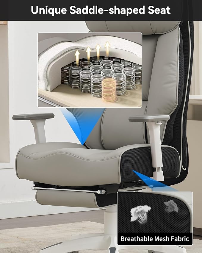 DJ·Wang Big and Tall Office Chair 400lbs with Foot Rest, High Back Executive Office Chair with Extra-Thick Spring Cushion, Ergonomic Leather Chairs Gray