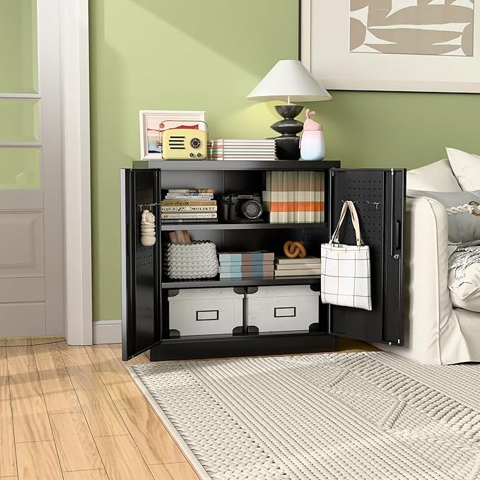 Aobabo 31.5" H Small Garage Storage Cabinet with Pegboard,Lockable File Storage Cabinet with 2 Adjustable Shelves for Garage, Office, School, Assembly Require, Black