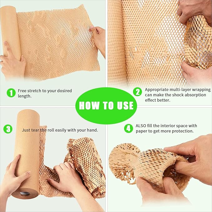 Honeycomb Packing Paper, MINHAO 15"x100' Eco Friendly Packing Paper for Moving Recyclable Honeycomb Paper Moving Supplies Bubble Paper Wrapping Protective Roll, With 36 Fragile Sticker Labels