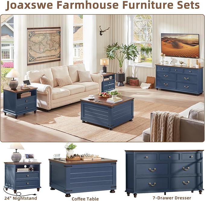 24" Wide Farmhouse Nightstand with Charging Station, End Table with 2 Drawers, Blue Wood Dresser for Bedroom Cabinet, Bed Side Table Chest of Drawers, Night Stand for Living Room, Closet