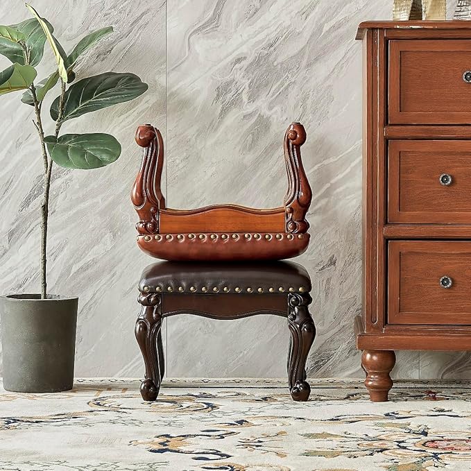 Foot Stool Ottoman Foot Rest Microfiber Leather Upholstered Footstool for Sofa, Living Room, Entryway, Solid Wood Stool (Flat Brown)