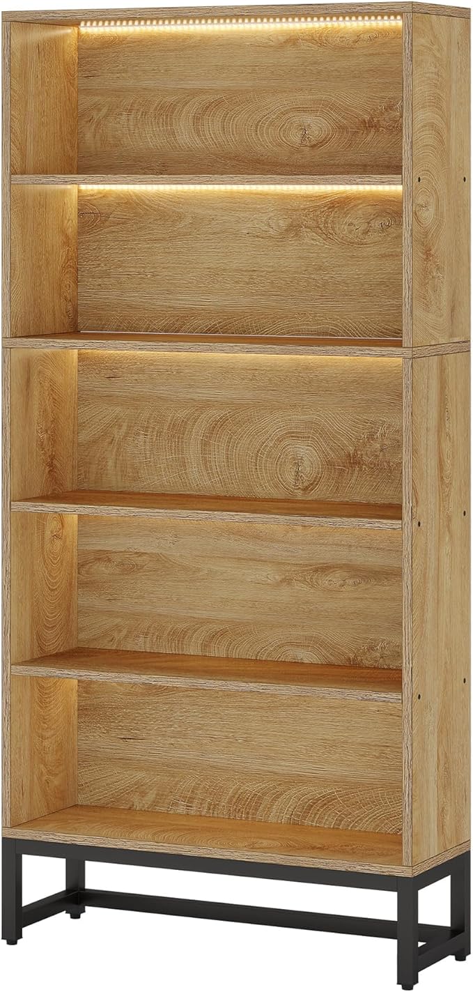 Tribesigns Tall Bookcase and Bookshelf, 70.8" Large Bookcases Organizer with LED Lights, Heavy Duty Free-Standing Library Bookshelf with 5-Tier Storage Shelves for Living Room, Bedroom (Brown)