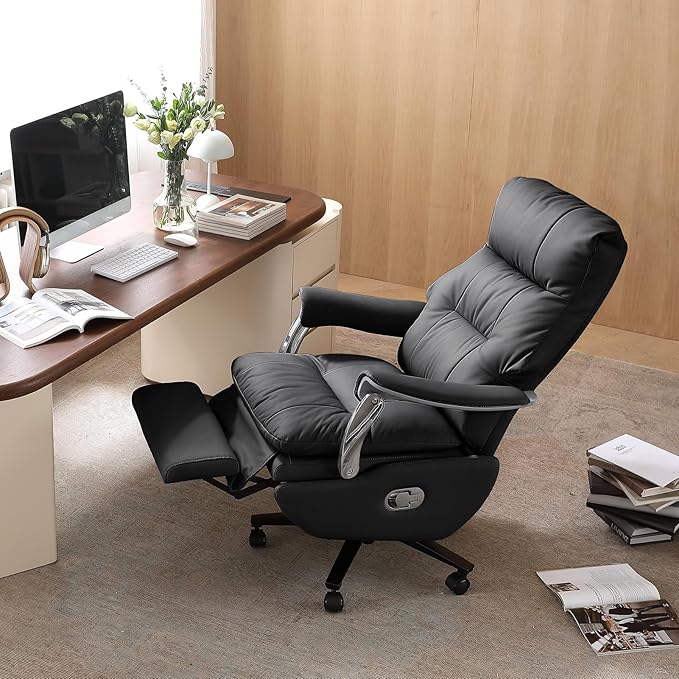 Dual Motor Electric Real Leather Executive Office Chair with Foot Rest, Comfortable Reclining Office Chair with Massage, Big and Tall High Back Comfy Ergonomic Home Office Desk Chairs 400lbs, Black