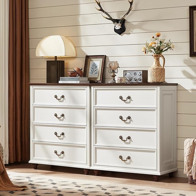 Farmhouse 4 Drawer Dresser Set of 2 for Bedroom, 37" Tall Rustic Chests of Drawers w/ 4 Solid Wood Feet, Mid Century Vintage Wooden Closet Storage Dressers Organizer for Living Room, White