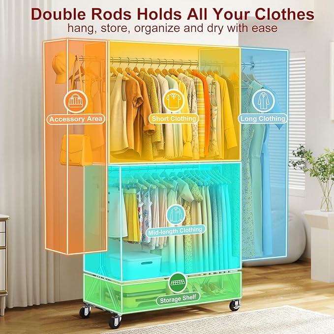 100% Stainless Steel Heavy Duty Clothes Rack Load 860LBS, Rolling Double Rods Clothing Racks for Hanging Clothes, Adjustbale Garment Rack With Sturdy Wheels Shelf, Portable Closet Rack Free Standing