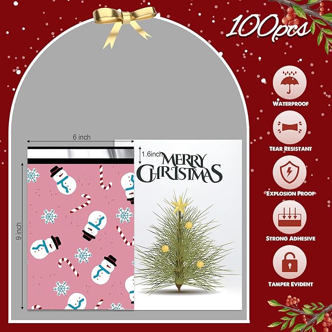 Christmas Poly Mailer 6x9 Inch 100 Pcs, Waterproof Shipping Bags for Clothing, Tear-Resistant Mailier, Strong Mailing With Self-Seal - Snowmen Printed