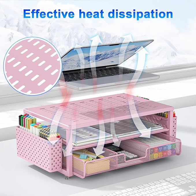 gianotter Desk Organizers and Accessories, Monitor Stand with Drawer and 2 Pen Holder, Desktop Organizer Suitable for Offices and Dormitories (Pink)