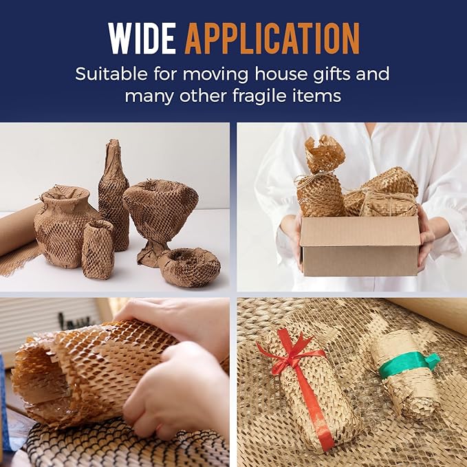 Honeycomb Packing Paper 15" x 300ft with Rope & 20 Fragile Stickers|Shipping & Moving Supplies|Small Business Packaging Supplies|Eco Friendly Bubble Wrap Packing Boxes for Moving Certified FSC C204227