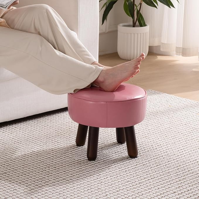 Small Foot Stool Round Pouf Ottoman, 13'' Leather Foot Rest with Non-Skid Rubber Legs, Foolstool Ottomans for Couch, Sofa Footrest Step Stool for Living Room Bedroom Entryway Office, Pink
