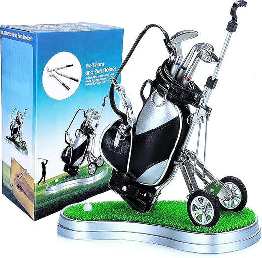 Golf Pen Holder with 3 Club Pens and Movable Golf Cart, Mini Golf Bag Desk Decor for Office, Funny Golf Gifts for Men, Dad, Boss - Stocking Stuffers for Golfers on Birthday, Christmas, Fathers Day