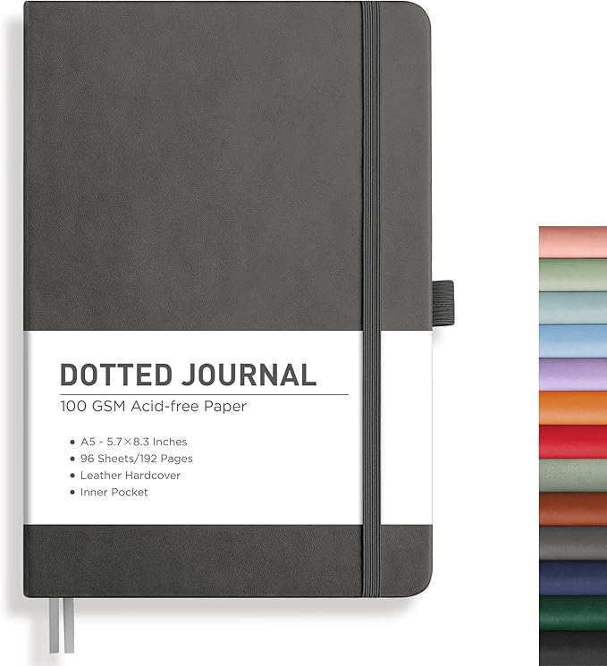 RETTACY Bullet Dotted Journal Notebook, 192 Pages, A5 Medium Size (5.7'' x 8.3''), Leather Hardcover, 100 GSM Thick Paper, for Bullet Journaling, Planning, Tracking (Gray)