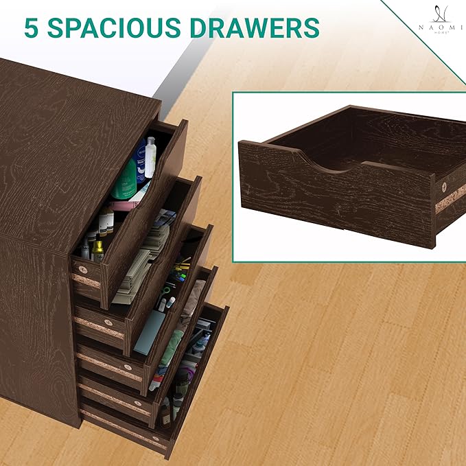 Naomi Home Wooden Office File Cabinets for Home Office, Lateral File Cabinet, Mobile Storage Cabinet Filing Storage Drawer Espresso/5 Drawer