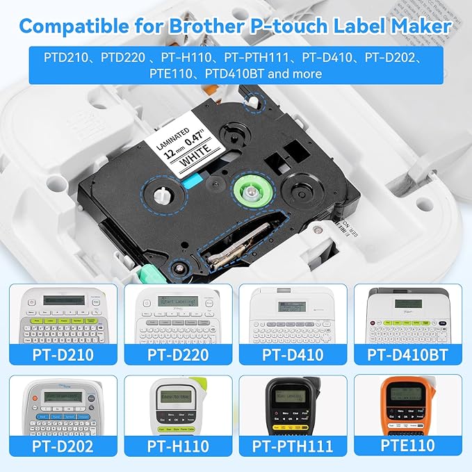 10 PK 12mm Label Maker Tape Compatible with Brother Label Maker Tape 12mm 0.47 White, Replace for Brother P Touch Label Tape 1/2 inch,Work for P-Touch PT-D210 PT-H110 PT-D220 PT-D400